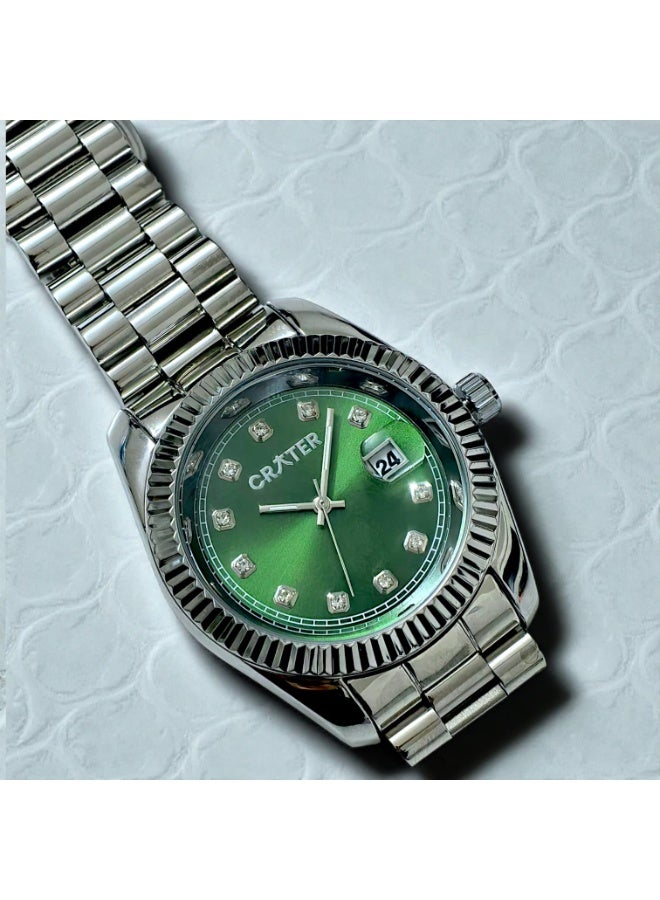 كريتر  ساعة كريتر (CRATER) للرجال – تصميم ملكي فاخر من الستانلس ستيل، مينا كلاسيكي مع عرض التاريخ، مقاومة للماء – تشمل علبة الماركة (فضي /أخضر). - Image 4